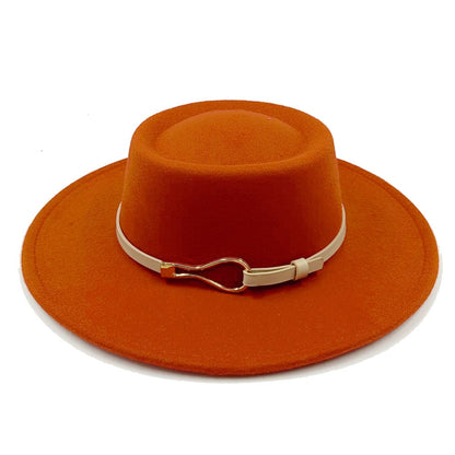Acessórios femininos de fivela de couro metal com chapéu de feltro de pele com top côncavo e convexo, chapéu fedora e conjunto de bolsa combinando, estilo retrô