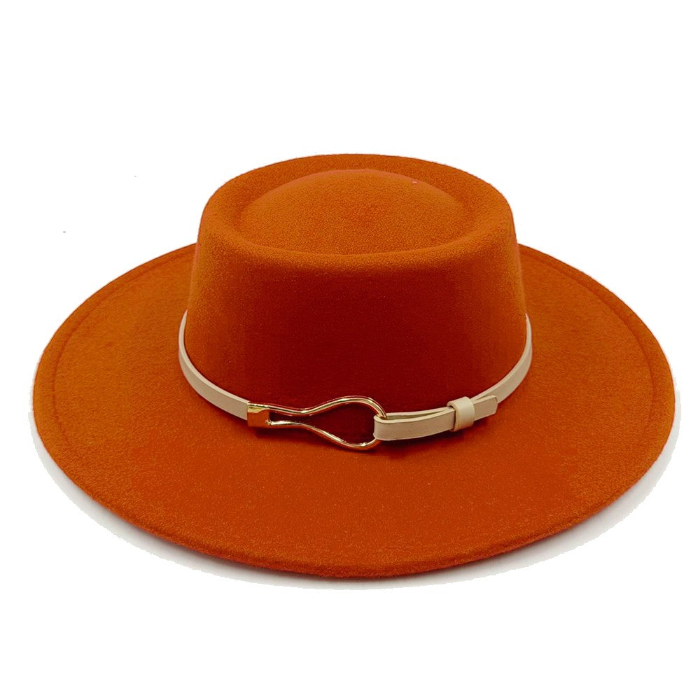 Acessórios femininos de fivela de couro metal com chapéu de feltro de pele com top côncavo e convexo, chapéu fedora e conjunto de bolsa combinando, estilo retrô