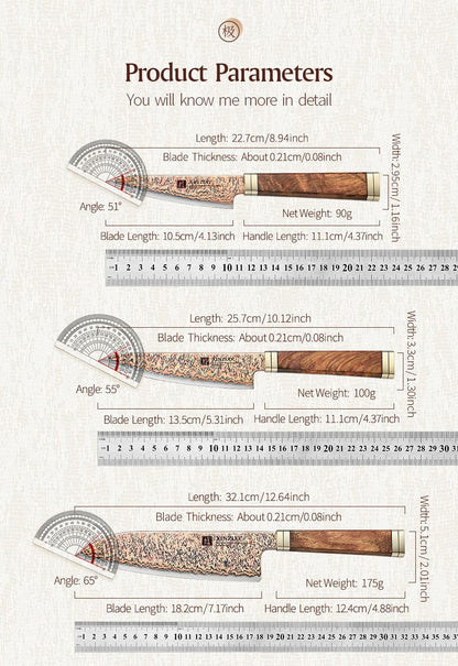 XINZUO Conjunto de 1-5 Peças de Facas para Legumes, Multiuso, Santoku, Chef, Bunka, Aço Damasco de Cobre Tricolor com 53 Camadas, Núcleo 12Cr18MoV, Dureza 60±2 HRC, com Caixa de Acácia