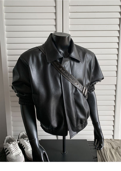 chaquetas sin manga cuerina Loose short leather jacket Shoulder pad coat American retro leather jacket for men