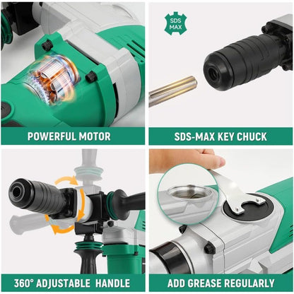 Martelo Demolidor Elétrico 1500W para Serviço Pesado SDS-MAX Quebrador de Concreto com Talhadeira Chata para Construção e D