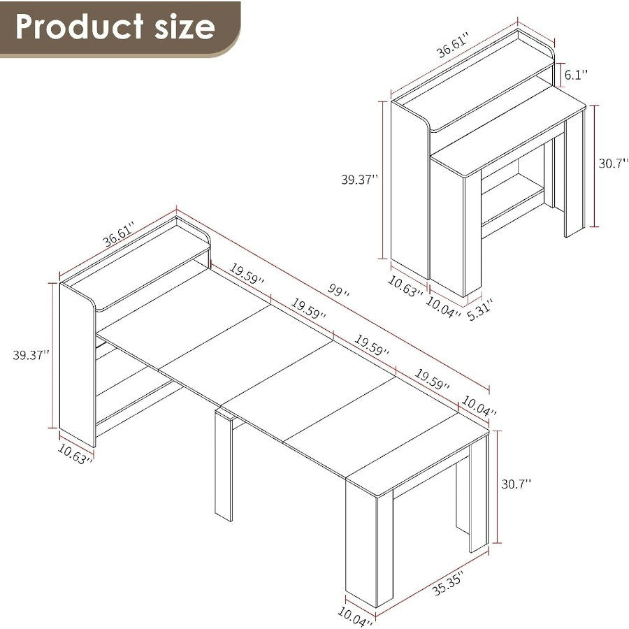 DMAITH 2099 White Extendable Dining Table with Storage for 210 People Modern Modular Extension Table SpaceSaving Extra Long Fol