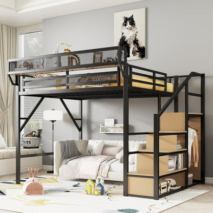 Size Loft Bed with Stairs and Storage, Metal Loft Bed Frame with Bedside Shelf and Large Under-Bed Space, Heavy-Duty Bed
