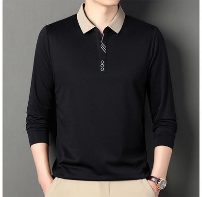 New Men's Long-sleeved Polo Shirt Sweatwear Business Casual Top Fashion Classic Solid Color Male Brand Basic V-neck Top