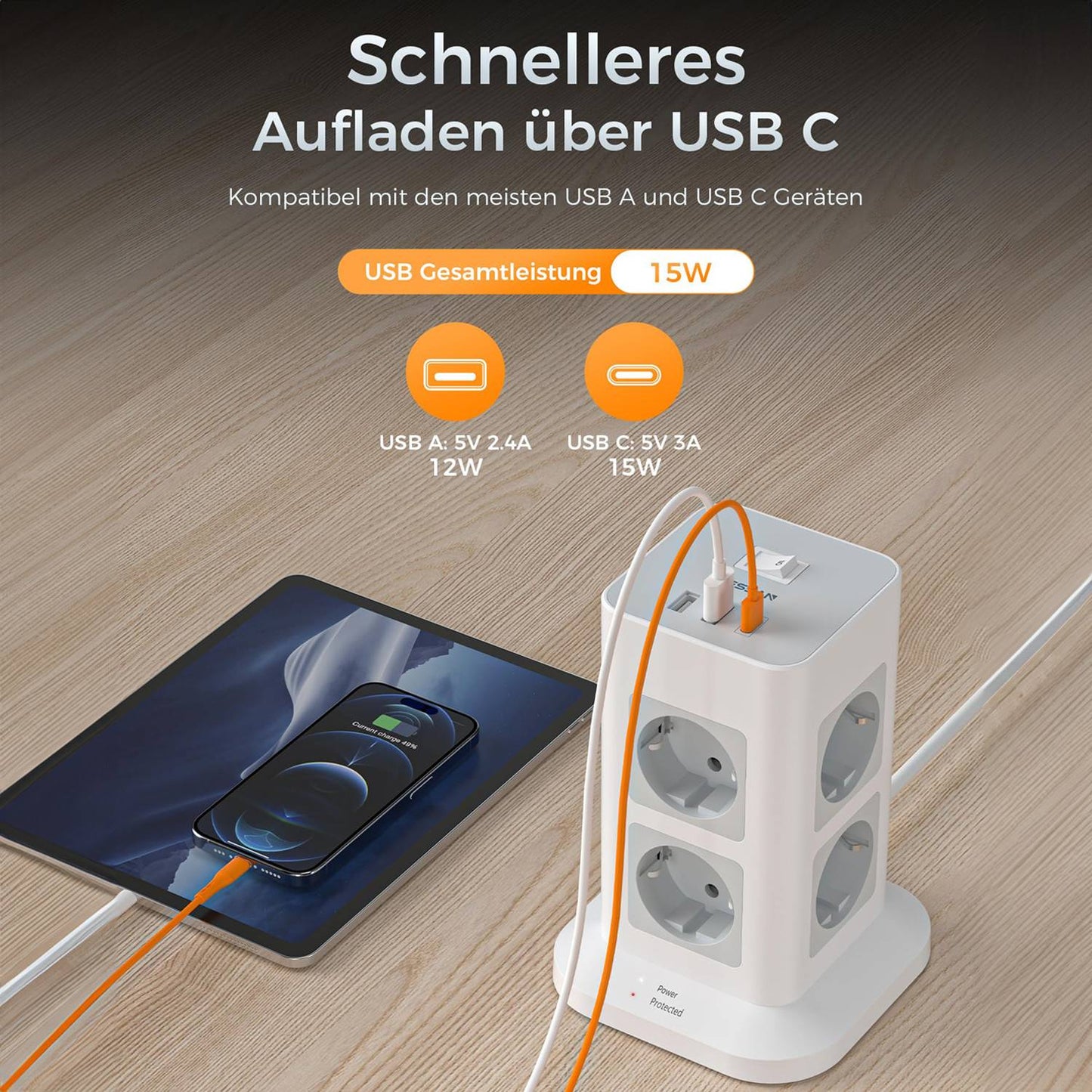 TESSAN Tower Power Strip Multi Outlets with USB A +1 Type C 2M Extension Cable EU Plug Vertical Electric Socket Surge Protection