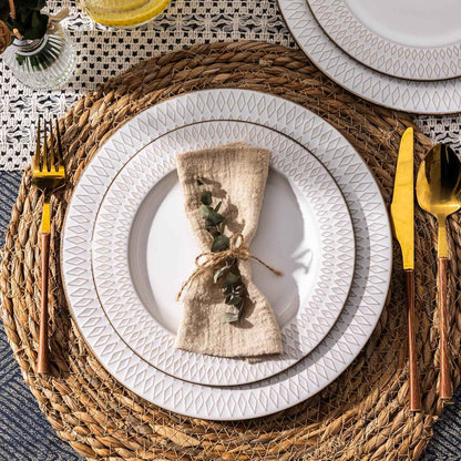 Ceramic Dinnerware Sets,12 pcs Embossed Elegant Stoneware Plates and Bowls Sets, Housewarming Wedding Gift | Dishwasher & Microw