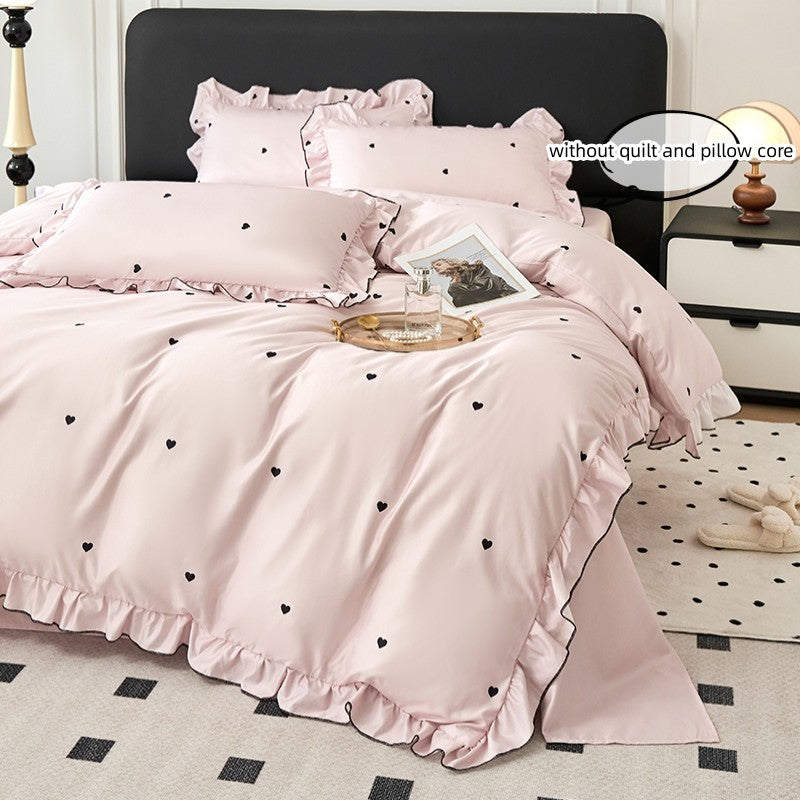 Conjunto de capa de edredom coreana de renda 3 peças (1*Capa de Edredom + 2*Fronhas, Sem enchimento), Conjunto de cama com estampa de bolinhas pretas