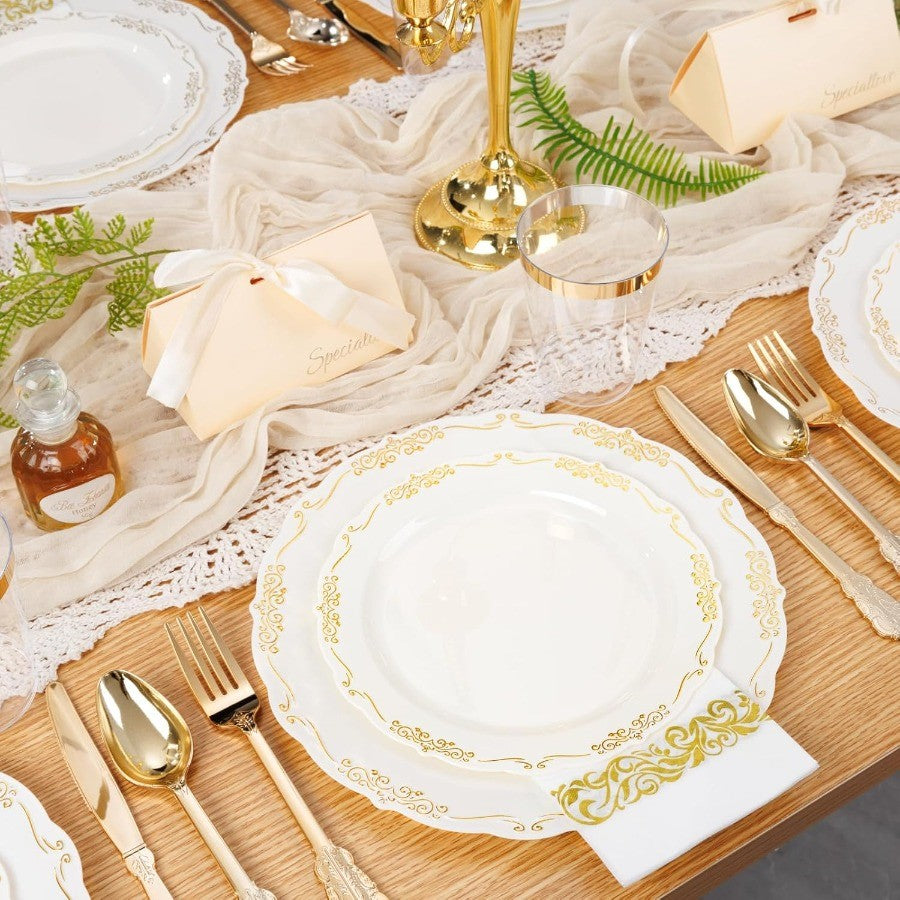 210Pcs Ivory Plastic Plates Disposable Plates Heavy Duty Gold Plastic Dinnerware Set for Party Wedding Event Includes 30 Dinner