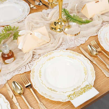 210Pcs Ivory Plastic Plates Disposable Plates Heavy Duty Gold Plastic Dinnerware Set for Party Wedding Event Includes 30 Dinner