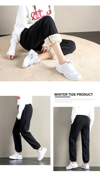 ??Women's Fleece Lined Joggers Winter Plush Pants High Waist Adjustable Drawstring Lounge Street Comfortable Casual Trousers??
