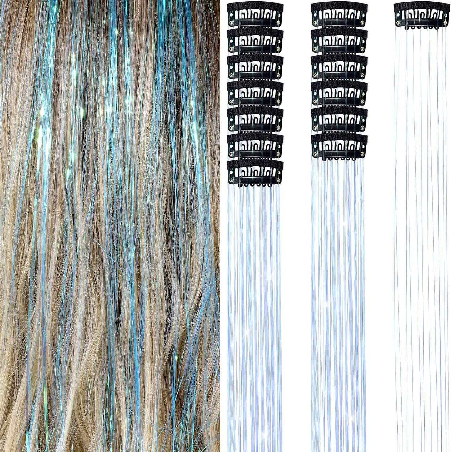 6 peças de extensões de cabelo brilhantes de 50 cm, extensões de cabelo sintéticas, presilhas de cabelo para trançar, chapéus femininos