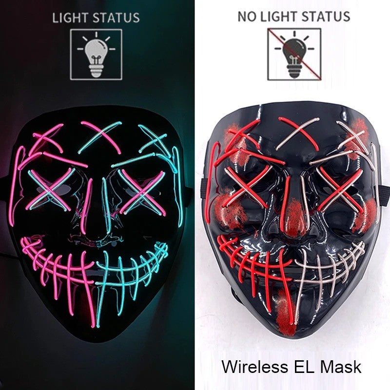 Wireless Neon LED Purge Mask Multi Glow Horror Face Cover Unisex Light Up Headgear For Halloween Masquerade Carnival Cosplay