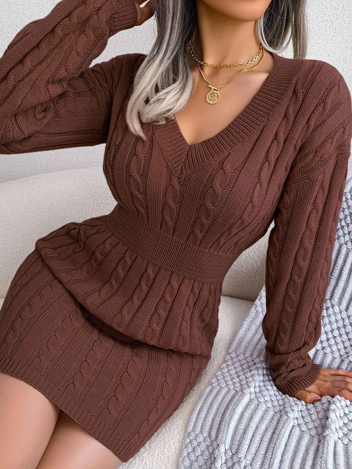 VigoCasey 2025 V Neck Casual Short Knit Dress Autumn Winter Women Solid Long Sleeve Dress Lady Khaki Bodycon Knitted Dresses