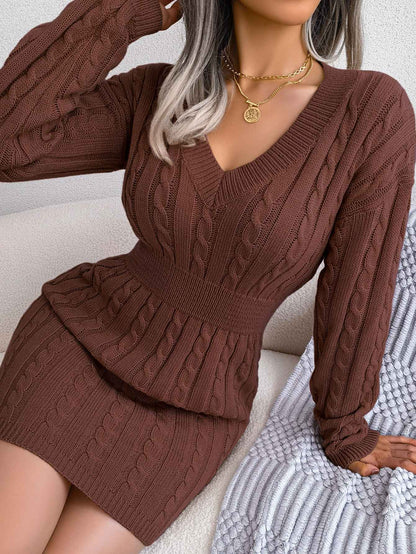 VigoCasey 2025 V Neck Casual Short Knit Dress Autumn Winter Women Solid Long Sleeve Dress Lady Khaki Bodycon Knitted Dresses