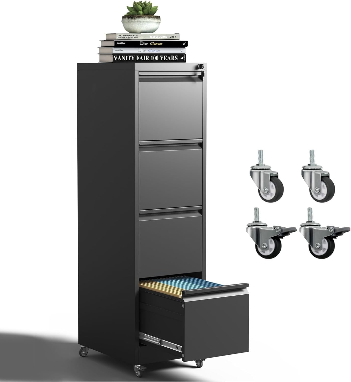 4 Drawer Mobile File Cabinet, Metal Filing Cabinet with Lock and Wheels, Home Office Rolling File Cabinets for Legal/Letter