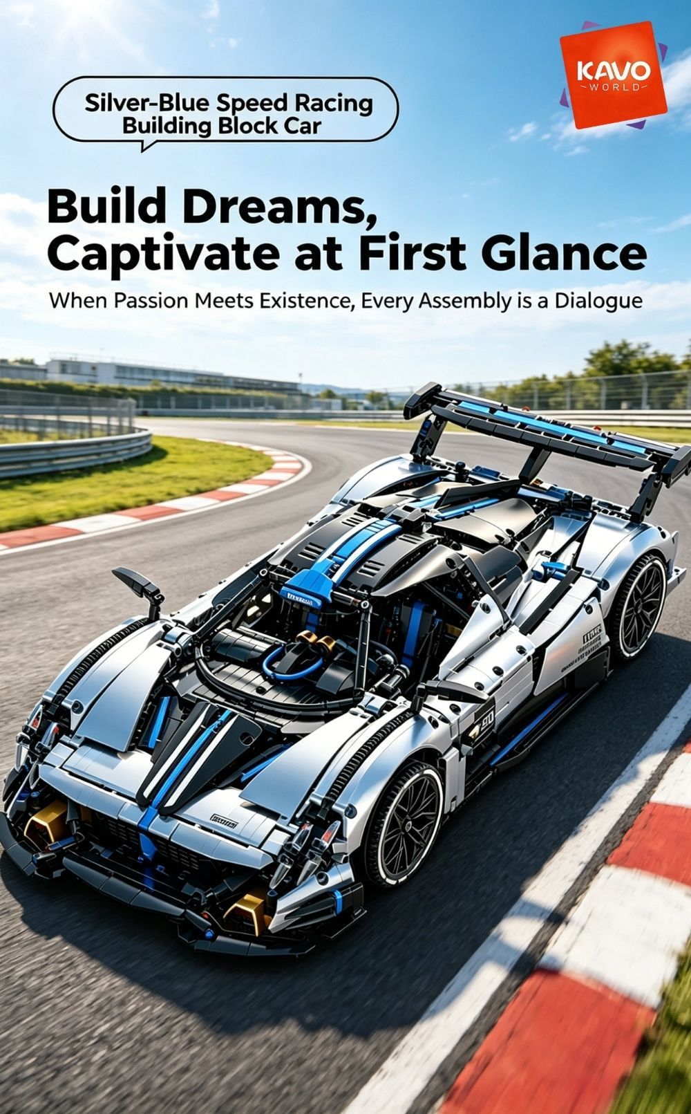 KAVOWORLD 1:8 Scale Silver-Blue Technical Super Racing Sports Car Building Blocks Set 3526pcs DIY STEM Assembly Premium ABS Racing Car Building Bricks Toy Model with Rear Linkage Engine & Track Wing, Ideal Birthday Christmas Gift for Teens Adults