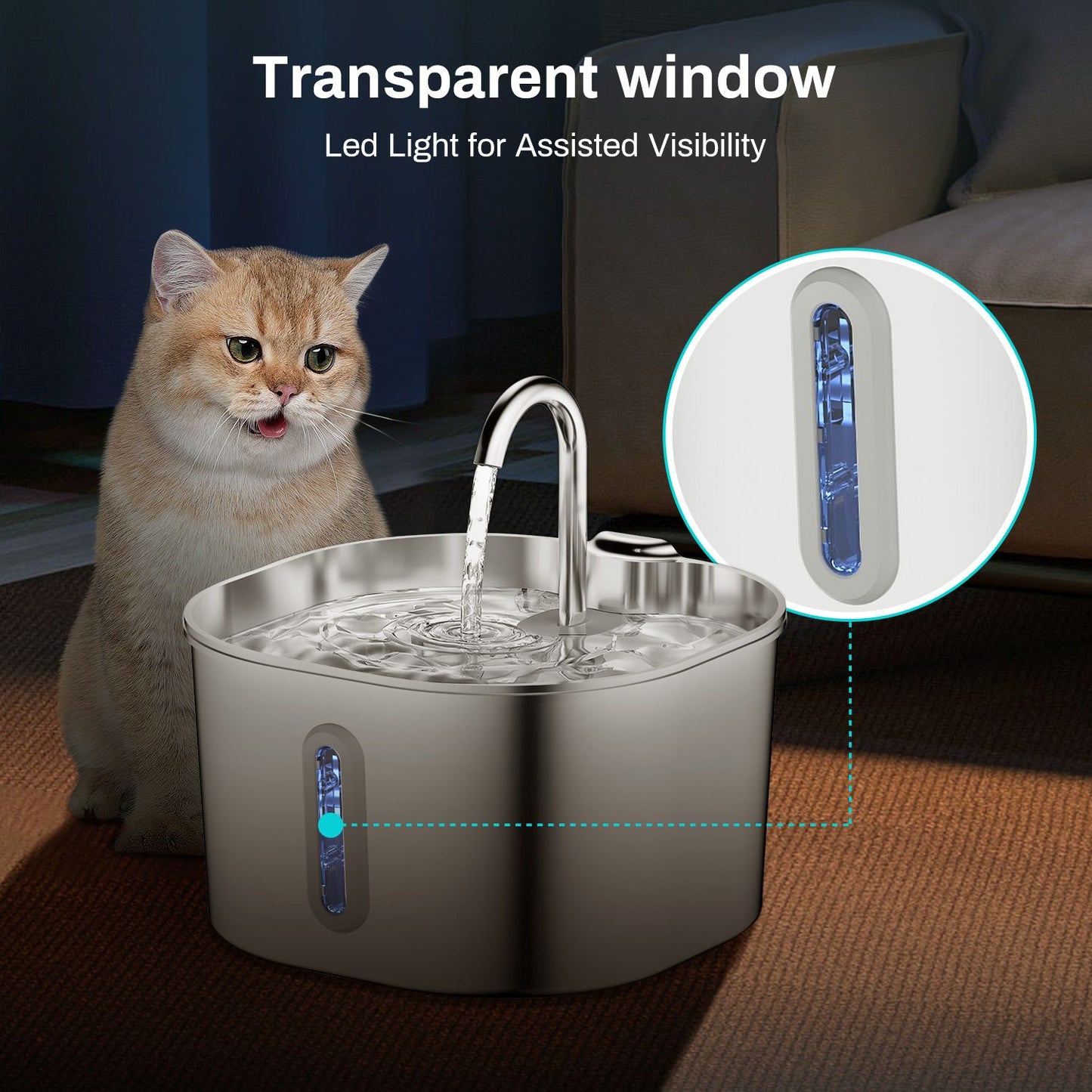 Bebedouro Automático para Gatos ZYFeeder 2.2L, Quadrado, Aço Inoxidável, para Animais de Estimação, com Janela? Não inclui plugue 5V 1A?