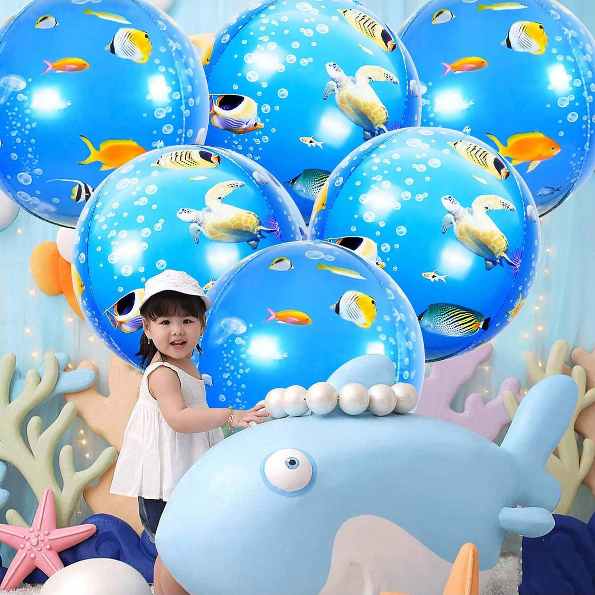 6pcs 22 Inch Round 4D Ocean Birthday Sea Turtle Mylar Balloons Ocean Mermaid Theme Party Sea Animal Birthday Party Balloons