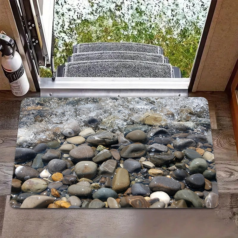 3D River Rock Doormat - Realistic Pebble and Water Design for a Nature-Inspired Home Entrance, Creating a Calming Atmosphere