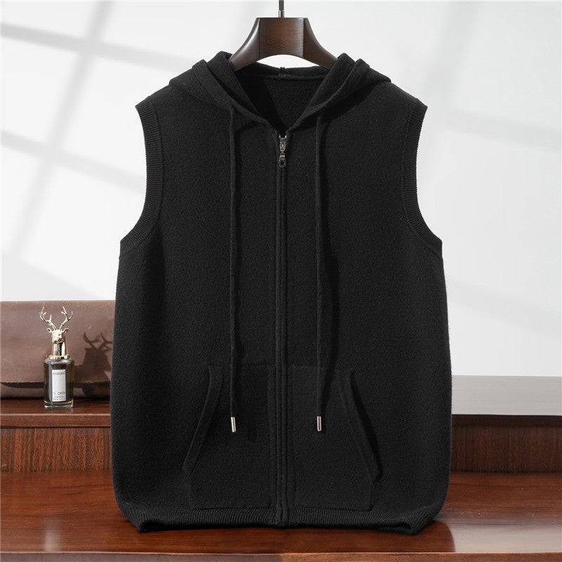 Autumn Winter Thickened Warm 100% Pure Wool Vest Men's Vest with Hood Zipper Cardigan Casual Pocket Sweater Jacket