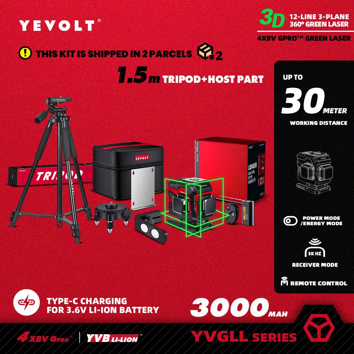 Nível a Laser Verde YEVOLT Série YVGLL4XS12T 3 Planos 12 Linhas Autonivelante 360 3D Horizontal & Vertical Ferramentas de Medição de Energia