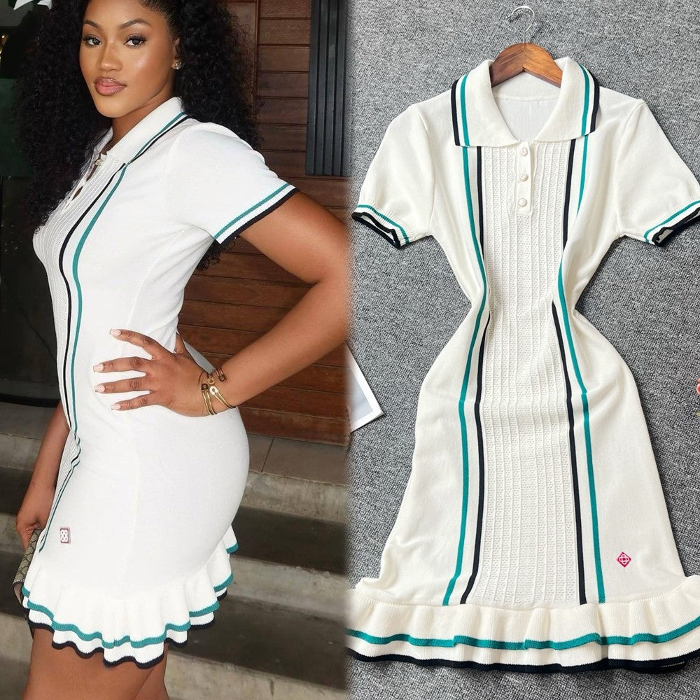 YuooMuoo Women Dress 2025 Summer Vintage Turn-down Collar Knitted Mini Dress Lad