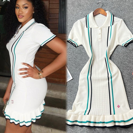 YuooMuoo Women Dress 2025 Summer Vintage Turn-down Collar Knitted Mini Dress Lad