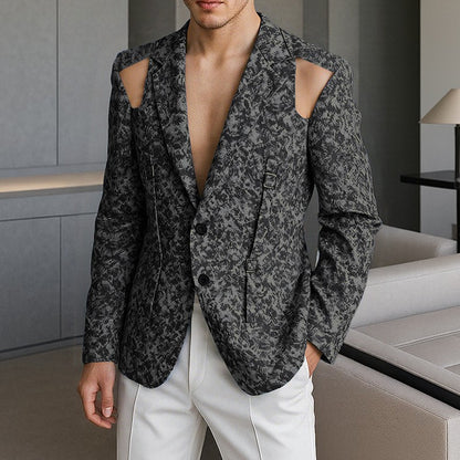 INCERUN Men Blazer Printing Hollow Out Lapel Long Sleeve Male Suit Streetwear Elegant Fashion Casual Thin Coats Men Blazer S-5XL