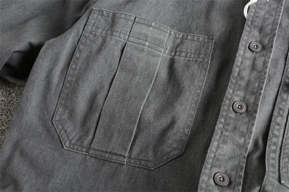 Autumn New Japanese Retro Woven Twill Cargo Shirt Men's Amekaji 100% Cotton Washed Long Sleeve Double Pocket Casual Thin Coat