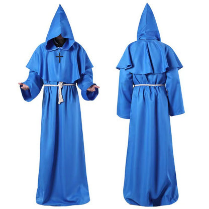 Medieval Monk Cosplay Wizard Hooded Robe Steampunk Priest Horror Cloak For Men Unisex Mask Hat Costume Halloween Masquerade Cape