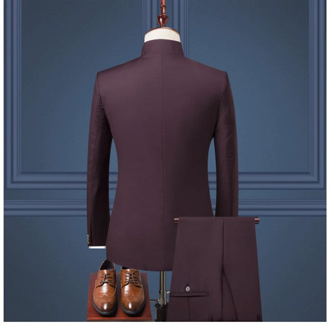 (Jacket+Pants) Men Fashion Simple Wedding Suit Black / Blue / Wine Red 2025 Homme Stand up Collar Business Social Dress 2Piece