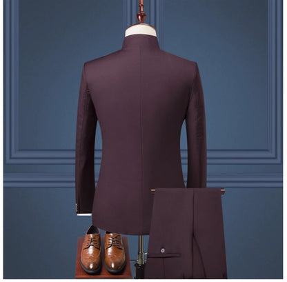 (Jacket+Pants) Men Fashion Simple Wedding Suit Black / Blue / Wine Red 2025 Homme Stand up Collar Business Social Dress 2Piece