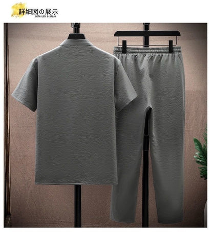 Summer New Fashion Solid Color Breathable Cotton and Linen Suit Men's Leisure Loose Sports Large Size High-Grade Two-Piece Set