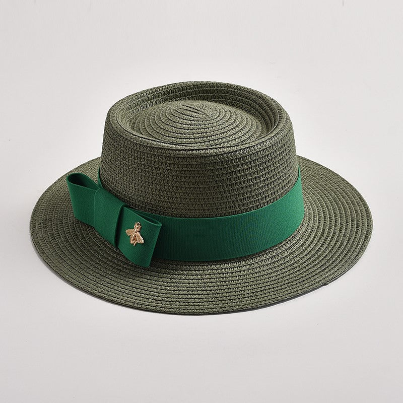 Novos Chapéus de Palha Primavera Verão Femininos de Superfície Ondulada, Topo Reto, Laço, Boné de Vestido, Chapéu de Sol para Viagem e Praia, Gorra