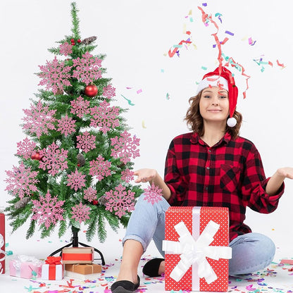 12PCS Pink Glitter Plastic Snowflake Decorations 10cm Christmas Tree Hollow Snowflake Pendants New Year Party Festival Supplies