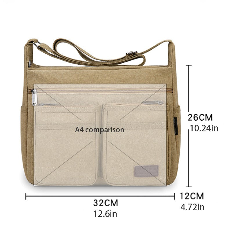 Neutral business casual crossbody bag - adjustable shoulder straps, multiple zippered compartments, durable black polyester lini