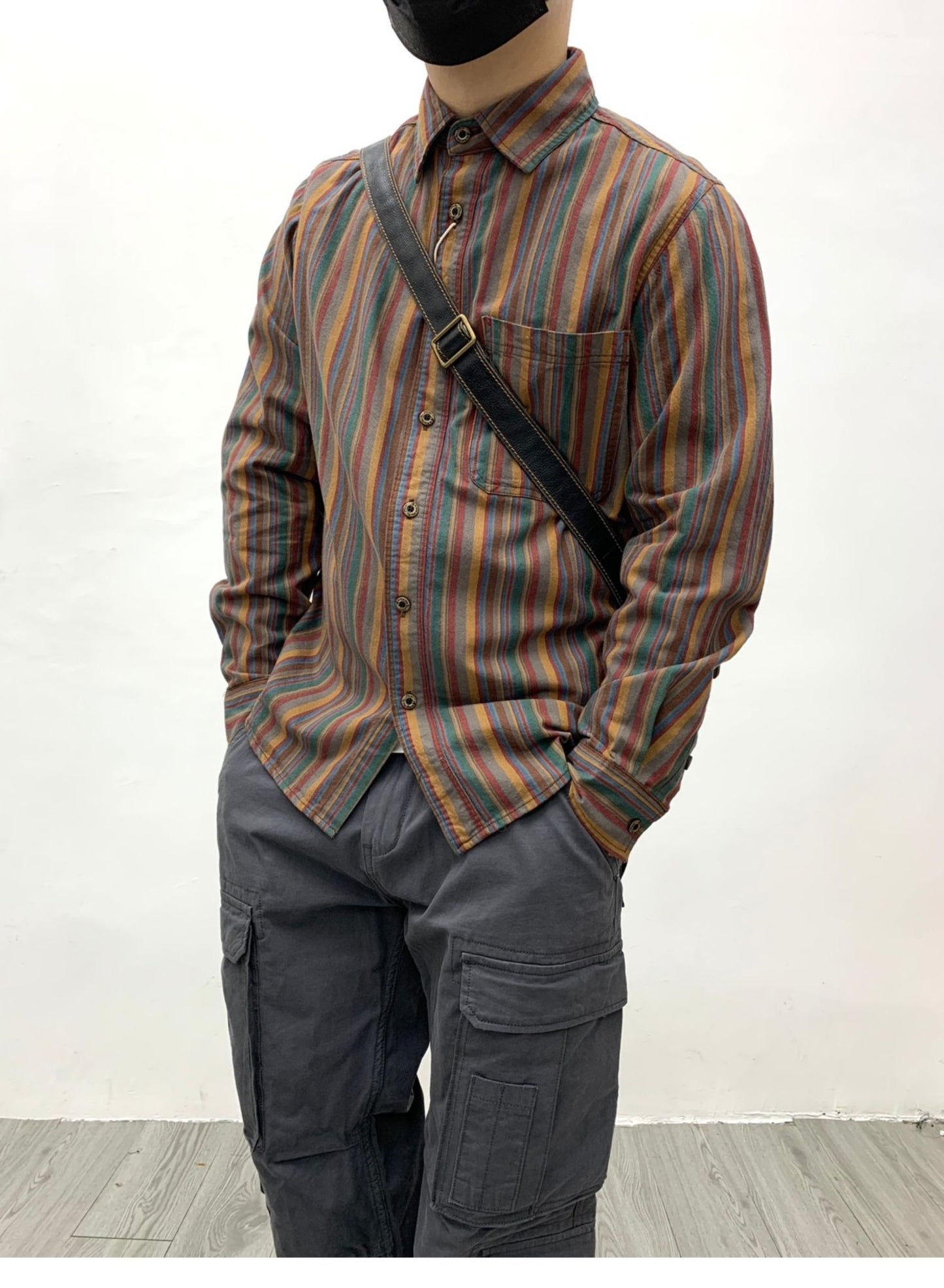 Amikaki Ethnic Style Men's Pure Cotton Colorful Stripes Shirt Loose Ancient Cargo Long Sleeved Shirt Jacket With Chest Pocket