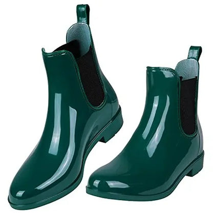 Crestar Women Fashion Chelsea Rain Boots Basic Shiny Ankle Boots Waterproof Shoes with Elastic Band Non-slip Comfortable Boots