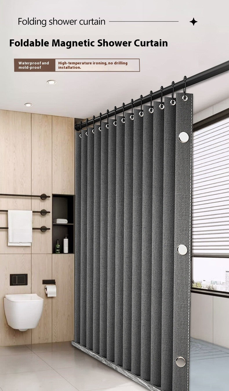 Bathroom Folding Linen Shower Curtain with Magnets Waterproof Suitable for Walk-in Shower Does Not Include Telescopic Rod