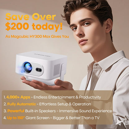 Magcubic Auto Focus Android 14 4K Projector 400ANSI 8K Native 720P HY300 Max With Wifi6 BT5.4 Allwinner H726 Portable Outdoor