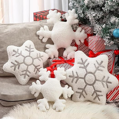 Set of 4 Christmas Snowflake Throw Pillows - White Sherpa Stuffed Winter Decorative Cushions