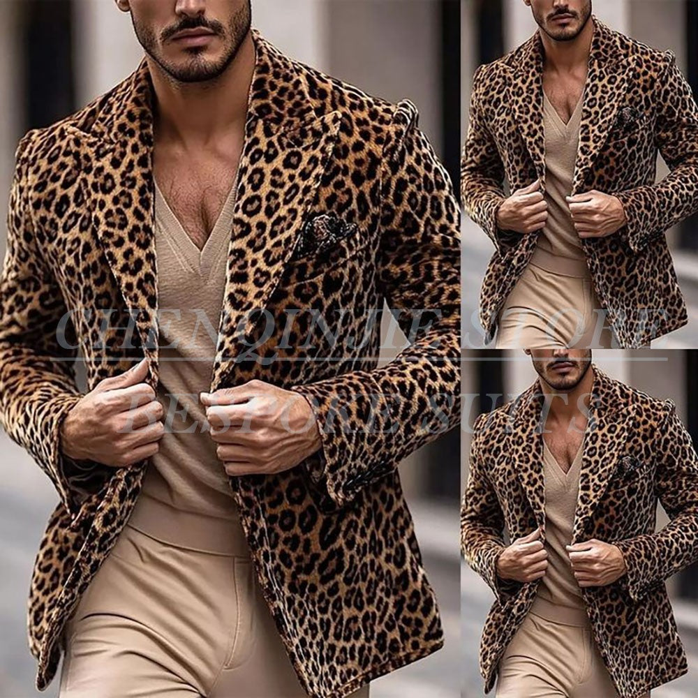 Luxury Leopard Men's Blazer Suits Casual Peak Lapel Single Breasted Slim Fit 1 Piece jacket Customized Skinny Outfits Costume