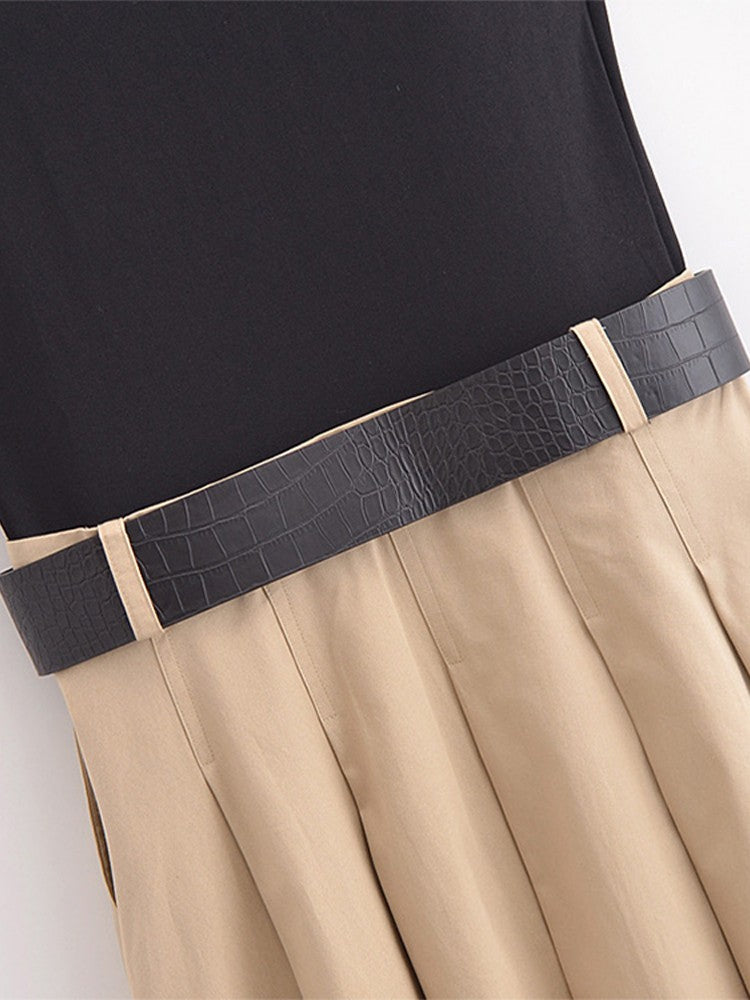 Fashion Patchwork Pleated Long Dress With Belt Women Chic Sleeveless Tank Maxi M