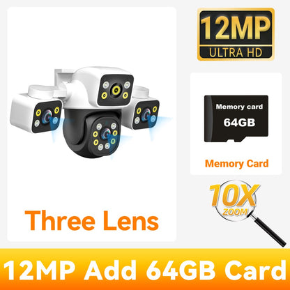 PEGATAH 6K 12MP Outdoor WiFi Camera Three Screen Three Lens 10X Zoom PTZ Automatic Tracking Audible Visual Alarm Security Cam