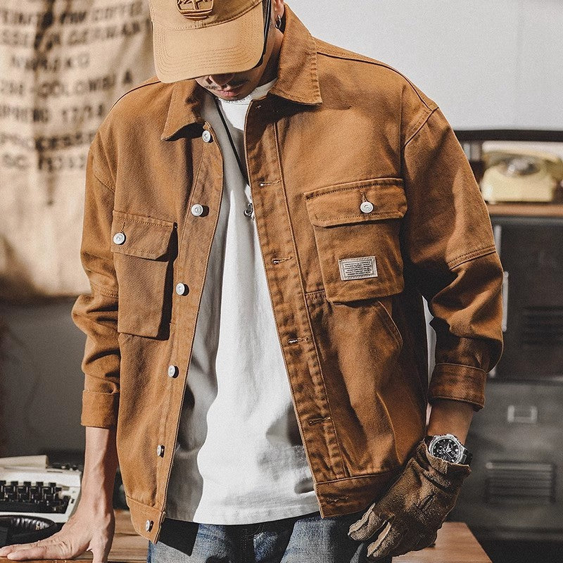Denim Jackets Men Single Breasted Coat Cardigan Jacket Turn Down Collar Outerwear Long Sleeve Pockets Button Loose Casual