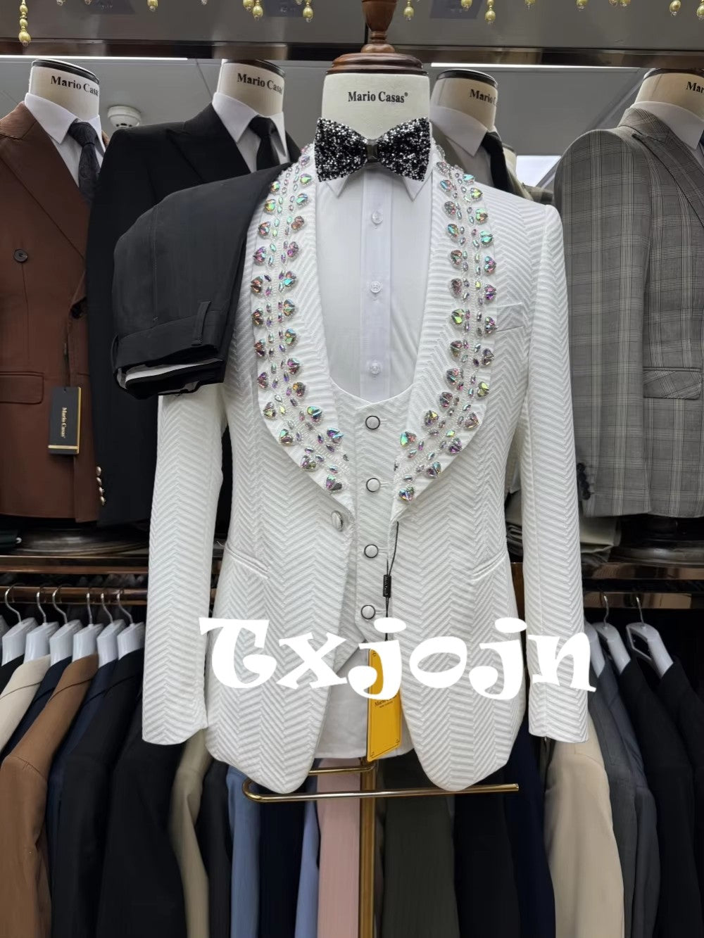 Jacquard Men's Luxurious Crystal Suits 3 Pieces Wedding Groom Sets,White Shawl Lapel Man Tuxedo For Party,Elegant Dancing Set