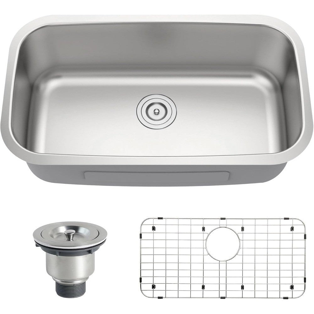 Pia de Cozinha de Embutir Aço Inoxidável 18 Gauge Cuba Única Espaçosa Formato Curvo Canto Arredondado Pias Profundas com Cesto S