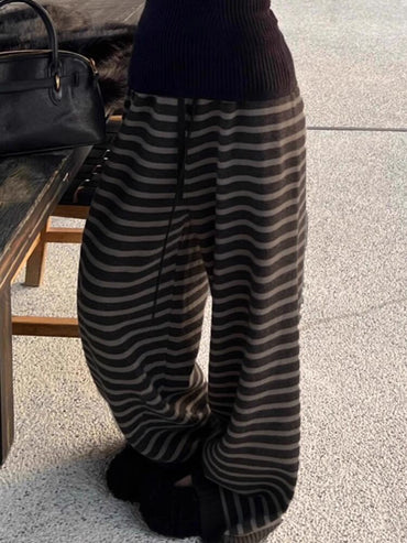 Harajuku Contrast Color Stripe Wide Leg Trousers Vintage Grunge Loose Knitted Casual Pant Y2k Aesthetic Women Straight Pants