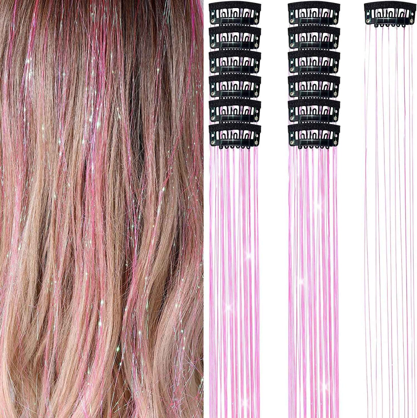 6 peças de extensões de cabelo brilhantes de 50 cm, extensões de cabelo sintéticas, presilhas de cabelo para trançar, chapéus femininos