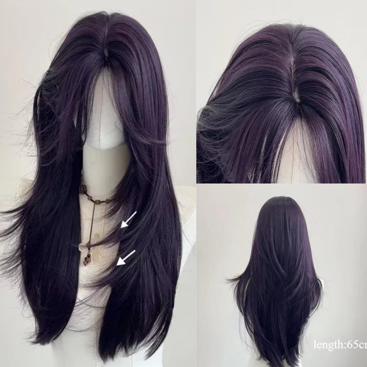 Peruca Ashely Roxo Escuro Feminina 55 cm Cabelo Longo Franja Cortina Camadas Liso Natural Cabelo Sintético Cosplay Perucas Lolita